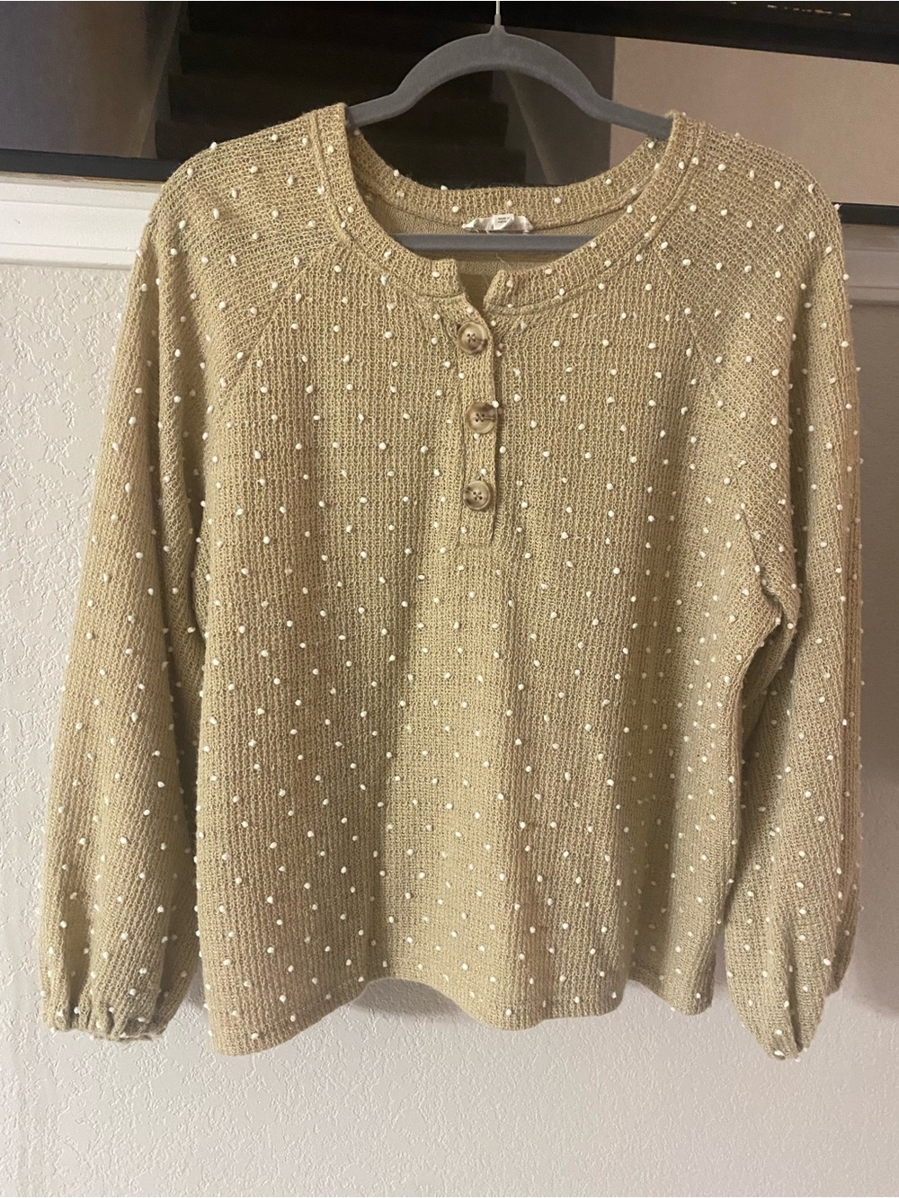 Women’s Beige Dot-Accent Knit Henley Sweater Top